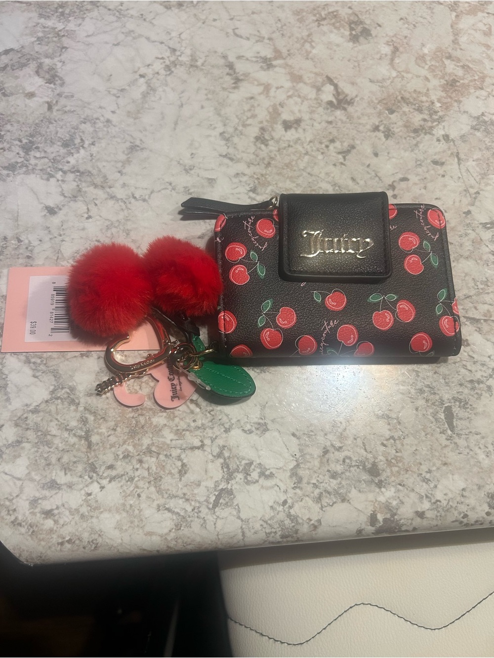 Juicy Couture Black Cherry Print Wallet with Red Pom Keychain